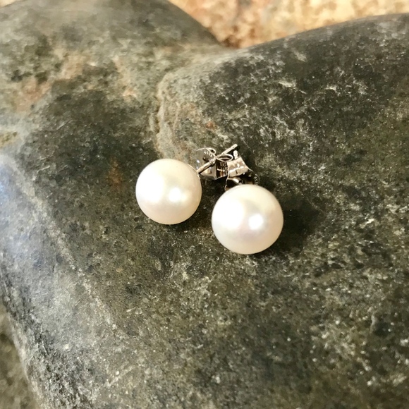8.4mm Round White Pearl Earrings in 14K White Gold - Picture 2 of 6